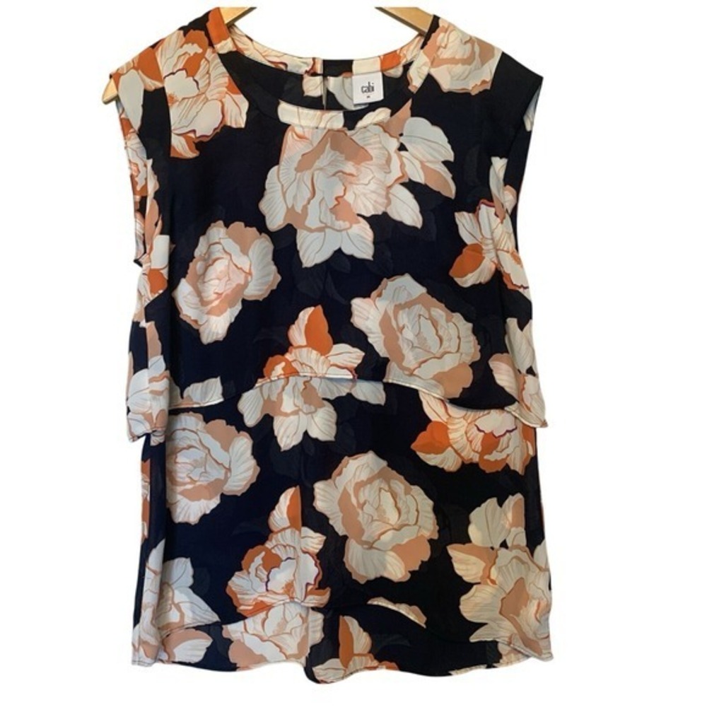 Cabi Floral Print Sleeveless Top Layered Black Peach Blouse Womens Size M
